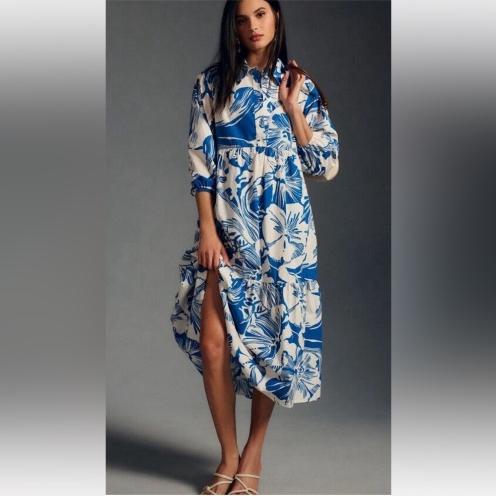 Blue & White Floral Midi Shirt Dress